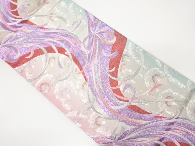 流水にリボン・孔雀羽根模様織り出し　袋帯